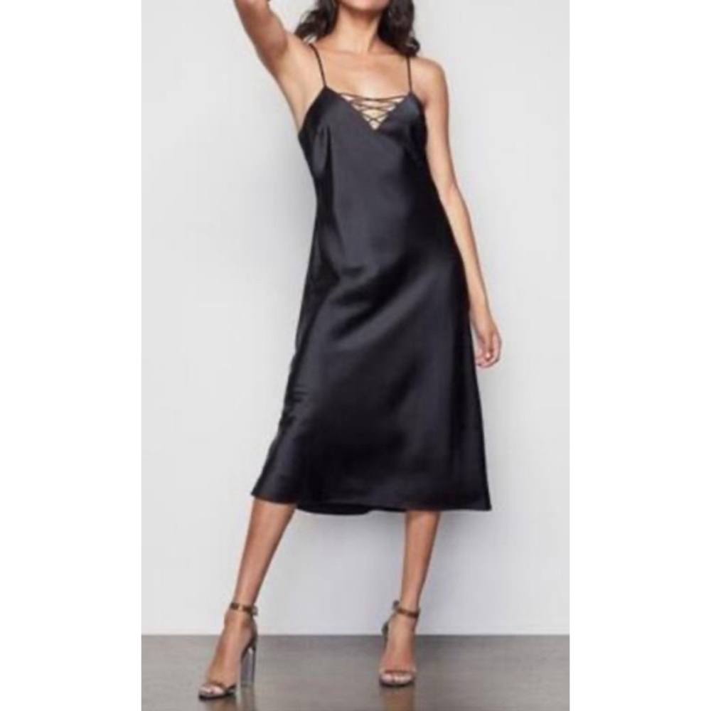 NEW GOOD AMERICAN Lace Up Satin Dress in Black